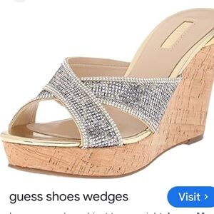 GUESS Gold Rhinestone Eleonorae woman’s gold silver wedge cork heel sandal sz7.5
